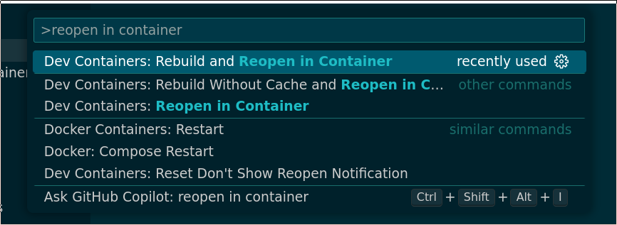 Shows "Reopen in Container" in command palette.